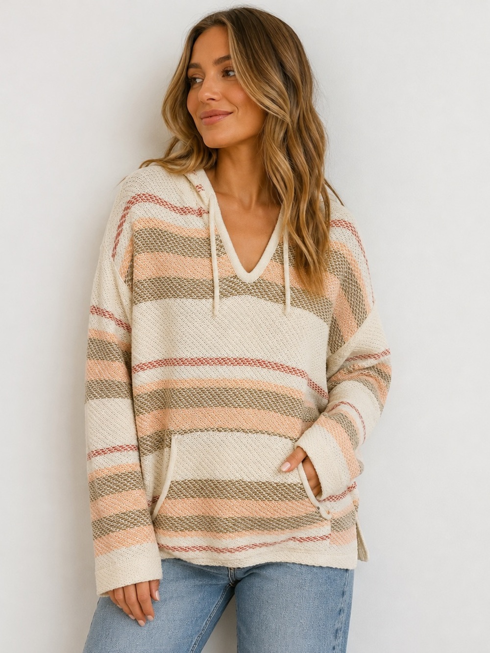 Rip Curl Cream Striped V-Neck Hoodie Sweater with Peach and Olive Stripes XL